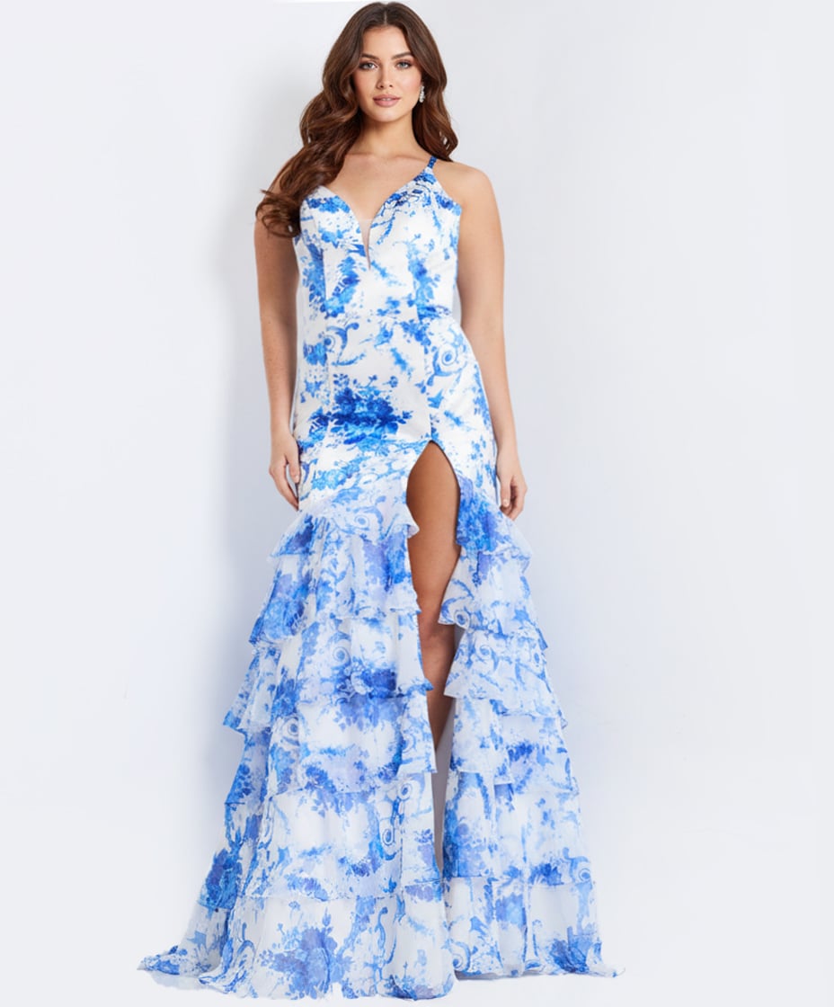 Jovani 48331 Royal/Print Tiered Blue Floral Print With Slit Prom Dress