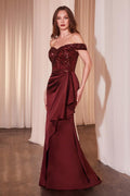 Ladivine CR877 Burgundy Sheath Evening Gown