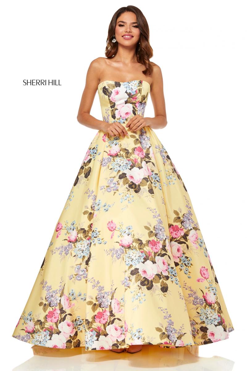 Sherri Hill 52553 Yellow Print Prom Dress