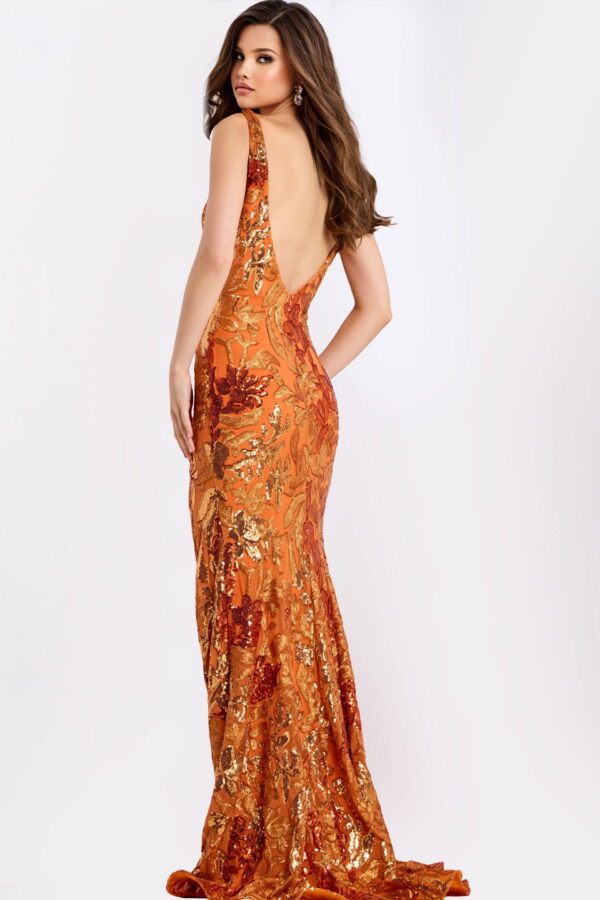 40757-2-2.jpg Orange Sequin Floral Prom Dress With Slit