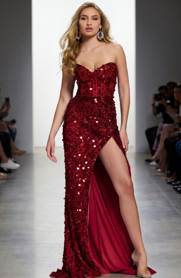 46714RED-2.jpg Strapless Gown with Sequin Embellishments
