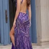 Sequin Plunge Neck High Slit Fitted Gown