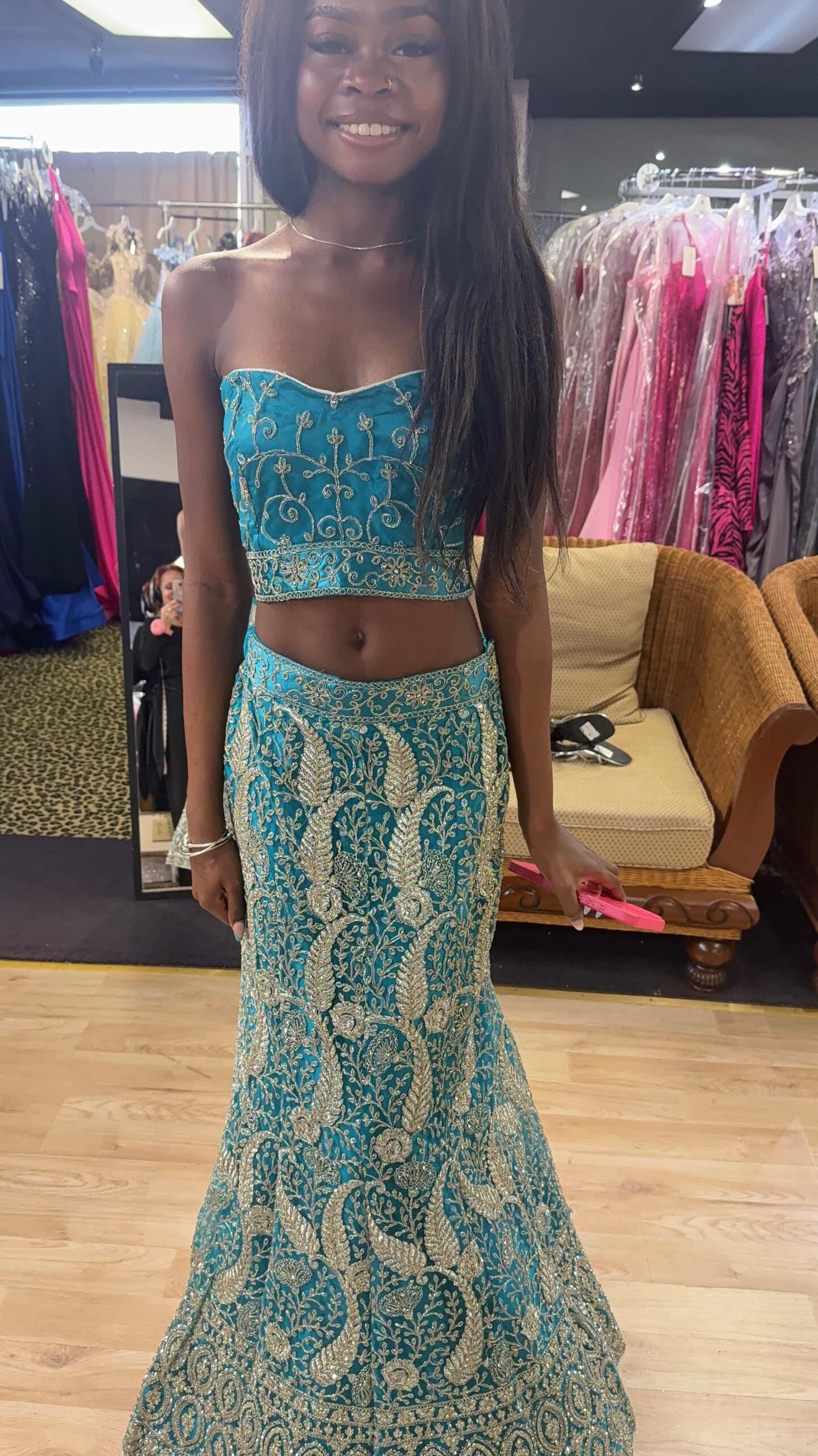 Jovani prom dress after alteration with lowered back and front cutout
