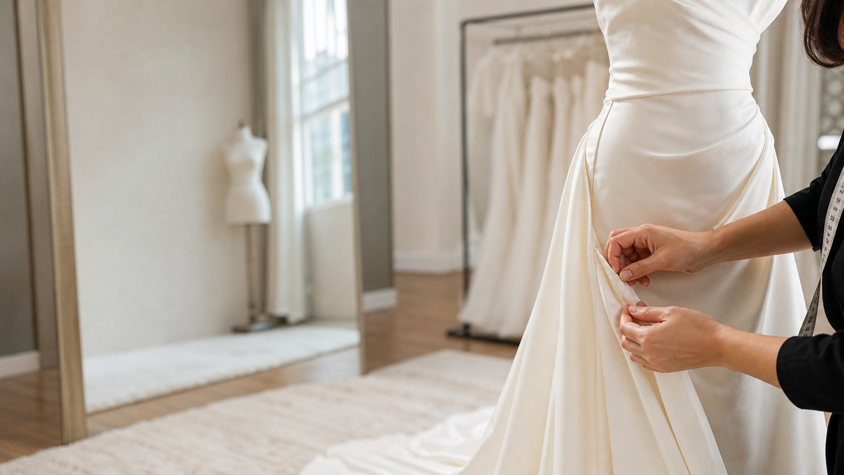 A bridal gown being pinned and fitted at Bridal Prom Pageant in Wilton Manors, Florida.