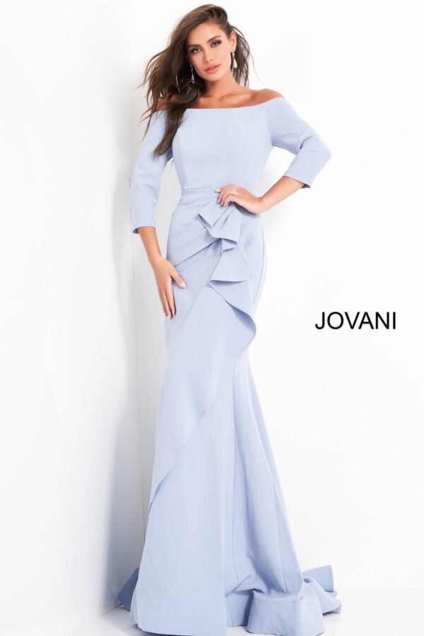 Jovani 00446 Light Blue Sheath Off the Shoulder Evening Dress