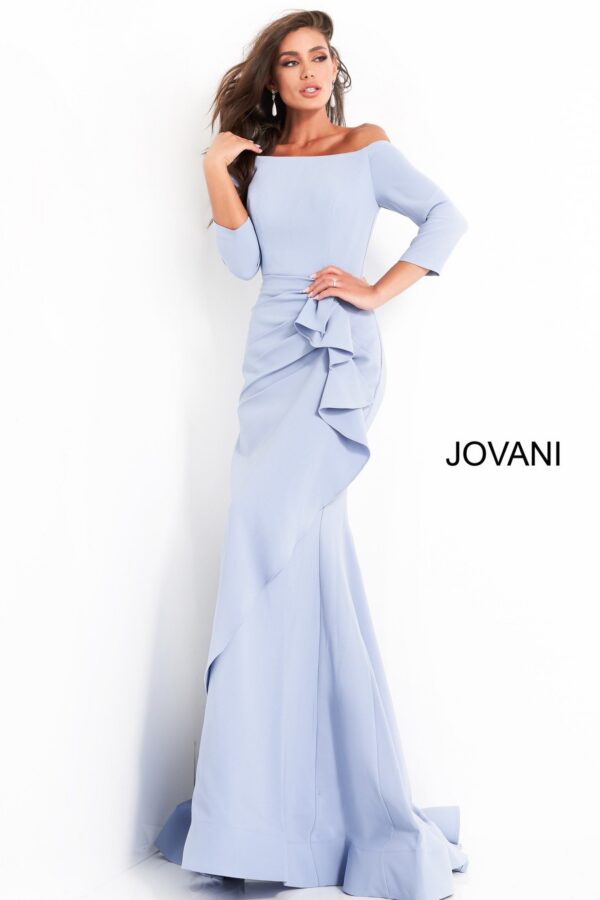Jovani 00446 Light Blue Sheath Off the Shoulder Evening Dress