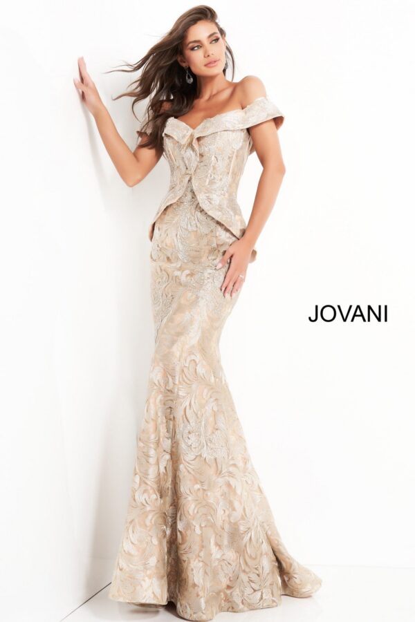 Jovani 02762 Gold Embellished Off the Shoulder Mother of the Bride Dress