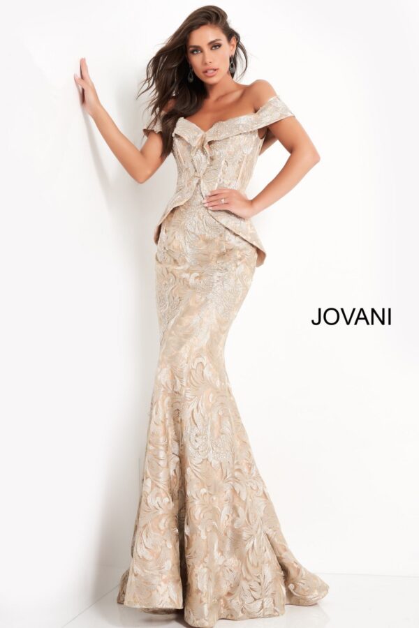 Jovani 02762 Gold Embellished Off the Shoulder Mother of the Bride Dress