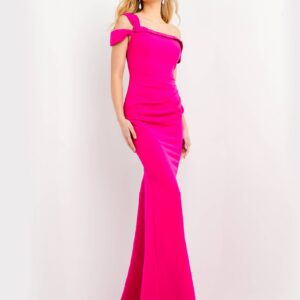 Jovani 06723 Fuchsia Sheath Off The Shoulder Evening Dress