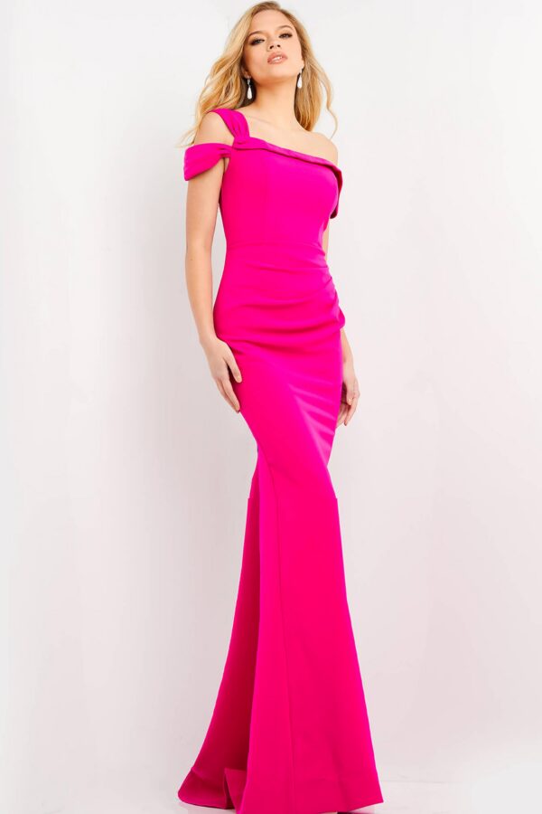 Jovani 06723 Fuchsia Sheath Off The Shoulder Evening Dress