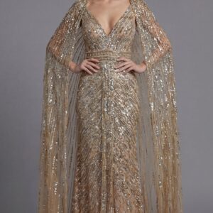 Beaded Column Gown With Draped Cape Sleeves 36358