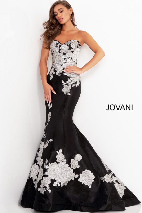 3917-BlackSilver-1.jpg Jovani 3917 Black Silver Floral Mermaid Evening Dress