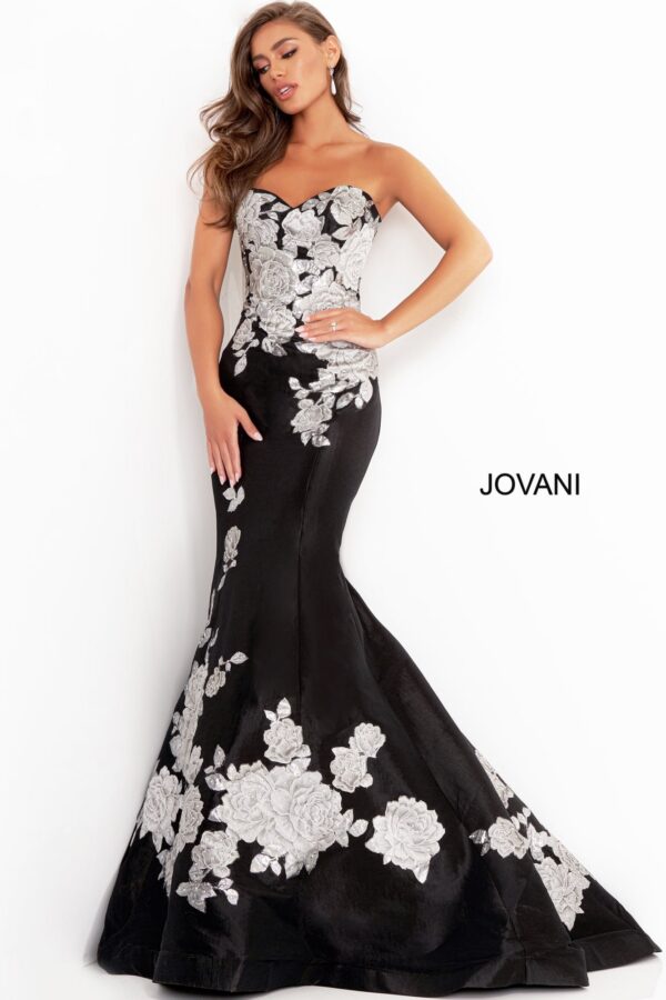 3917-BlackSilver-1201.jpg Jovani 3917 Black Silver Floral Mermaid Evening Dress