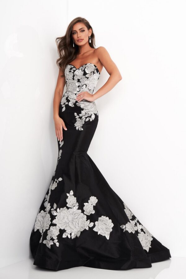 3917-BlackSilver-2.jpg Jovani 3917 Black Silver Floral Mermaid Evening Dress
