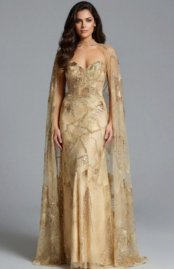 Strapless Gown with Beaded Sheer Cape 39214