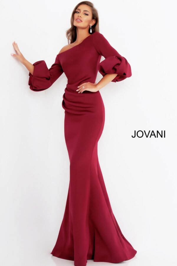 39739-Wine-1.jpg Jovani 39739 Off The Shoulder Scuba Mother of the Bride Dress