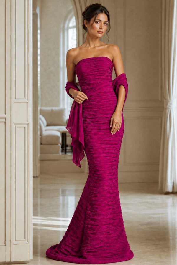 Navy Strapless Textured Mermaid Gown 40045