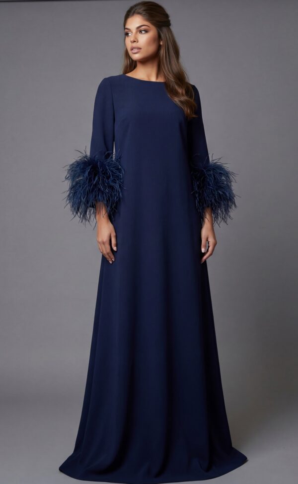 Elegant Long Sleeve Evening Dress With Feather Cuffs 40200