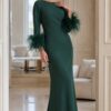 Elegant Long Sleeve Evening Dress With Feather Cuffs 40200