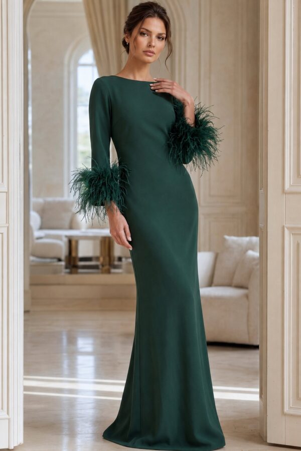Elegant Long Sleeve Evening Dress With Feather Cuffs 40200