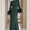 Elegant Long Sleeve Evening Dress With Feather Cuffs 40200
