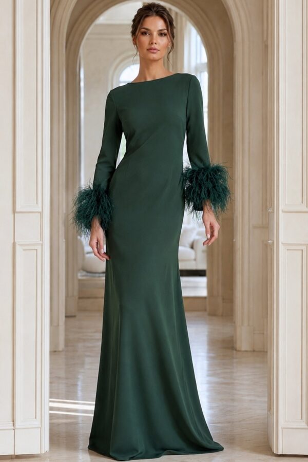 Elegant Long Sleeve Evening Dress With Feather Cuffs 40200