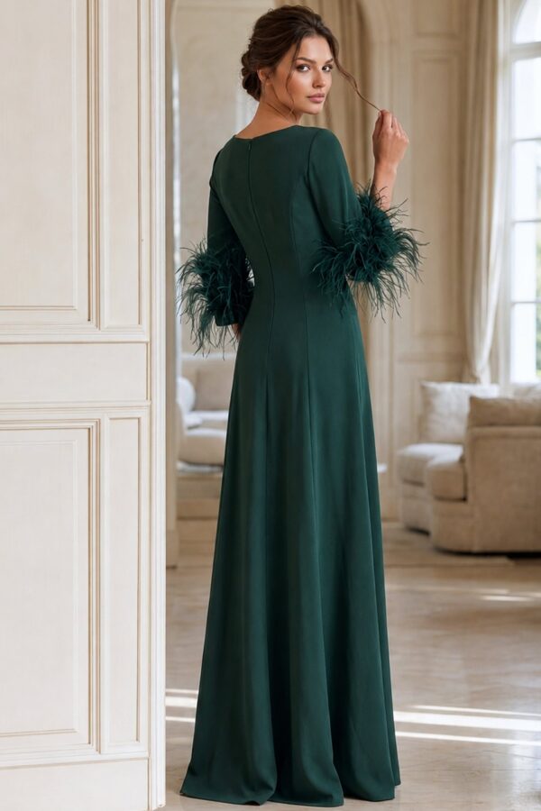 Elegant Long Sleeve Evening Dress With Feather Cuffs 40200