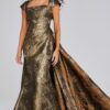 Gold Textured Cap-Sleeve Gown with Square Neckline 40295