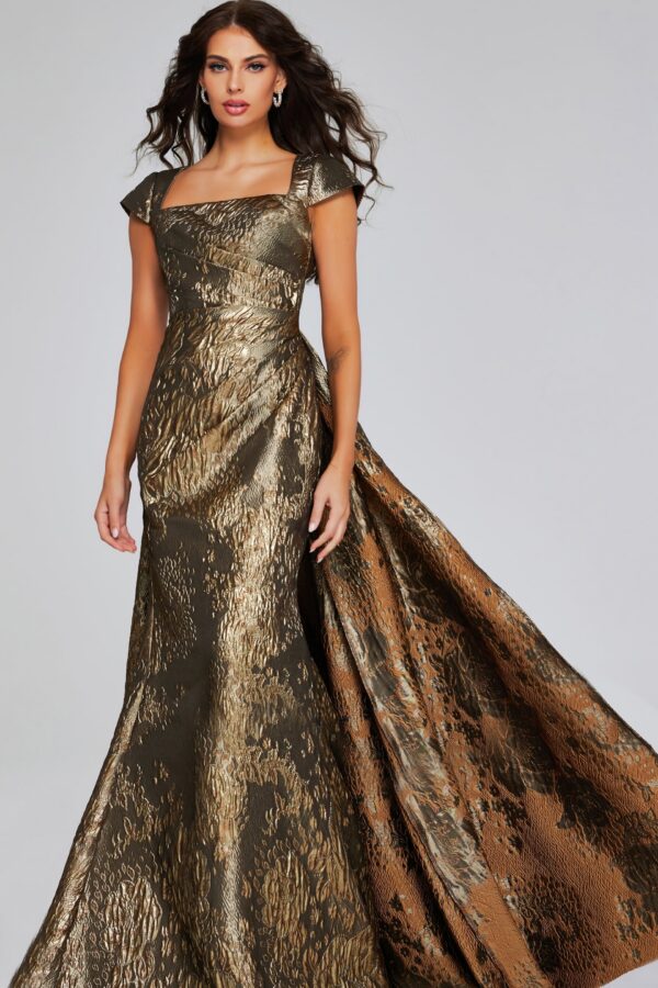 Gold Textured Cap-Sleeve Gown with Square Neckline 40295