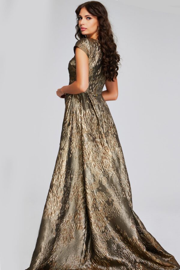 Gold Textured Cap-Sleeve Gown with Square Neckline 40295