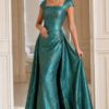 Gold Textured Cap-Sleeve Gown with Square Neckline 40295