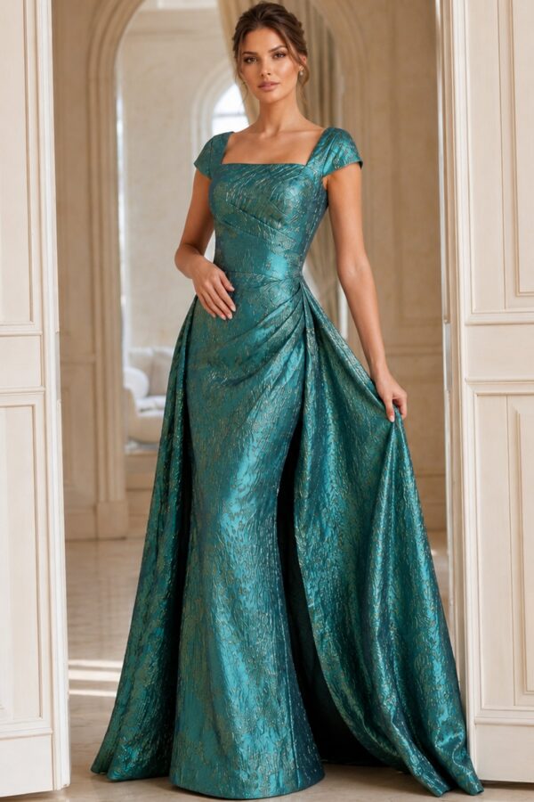 Gold Textured Cap-Sleeve Gown with Square Neckline 40295