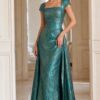 Gold Textured Cap-Sleeve Gown with Square Neckline 40295