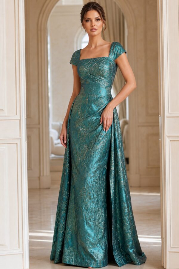 Gold Textured Cap-Sleeve Gown with Square Neckline 40295