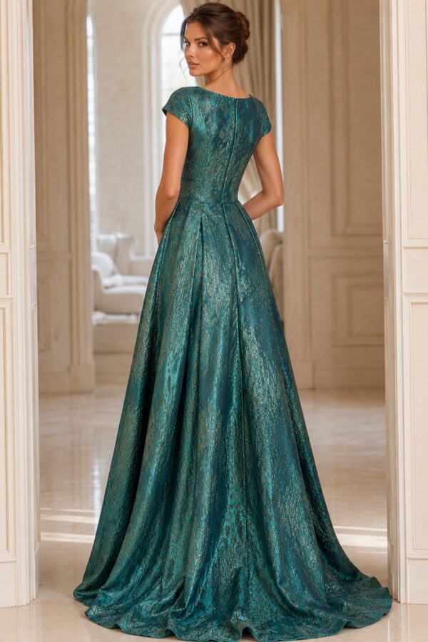 Gold Textured Cap-Sleeve Gown with Square Neckline 40295