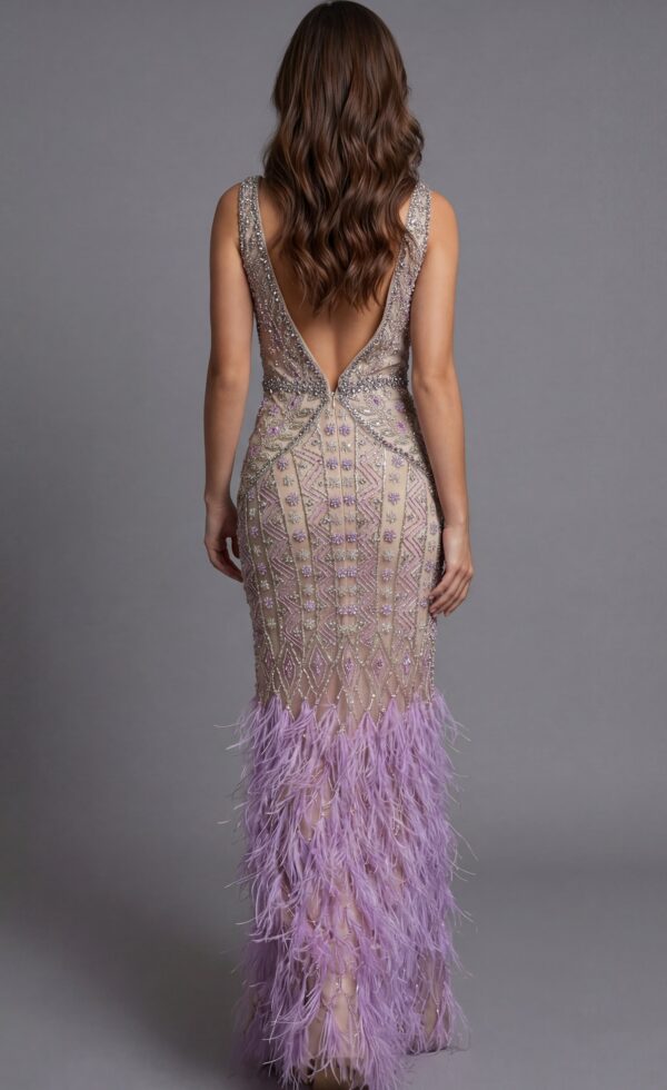 Beaded V Neck Evening Gown With Feather Hem40620