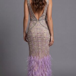 40620-2-scaled-1.jpg Beaded V Neck Evening Gown With Feather Hem40620