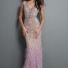 Beaded V Neck Evening Gown With Feather Hem40620
