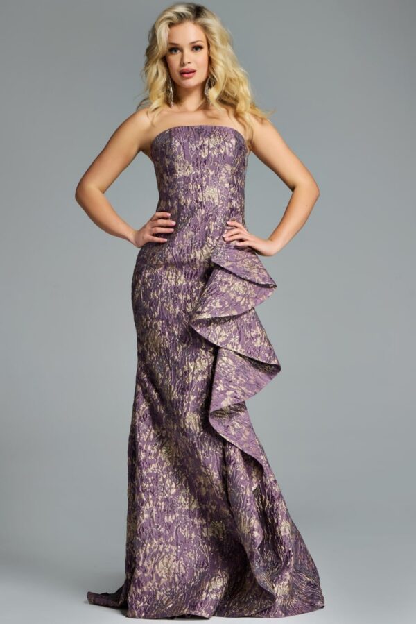 Strapless Textured A-Line Gown with Cascading Ruffle 41134