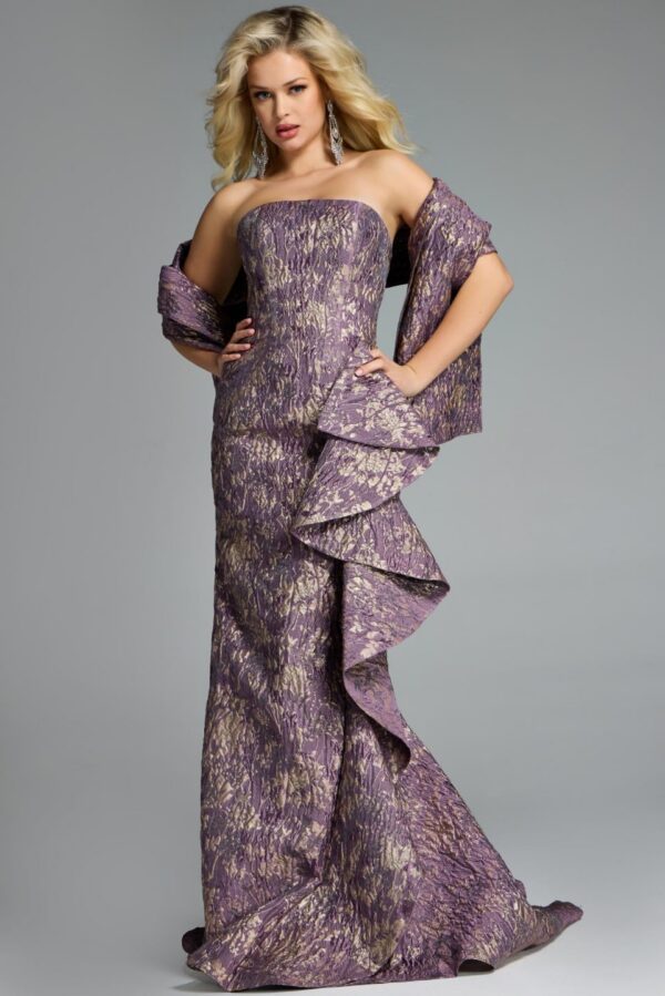 Strapless Textured A-Line Gown with Cascading Ruffle 41134