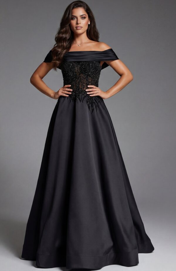 Off-the-Shoulder A-Line Gown with Sheer Beaded Bodice 41198