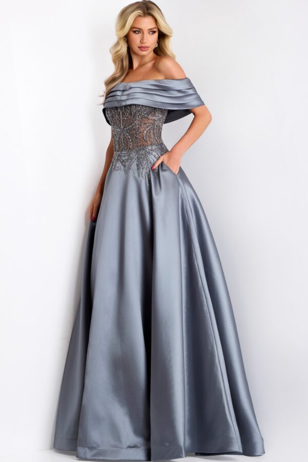 Off-the-Shoulder A-Line Gown with Sheer Beaded Bodice 41198