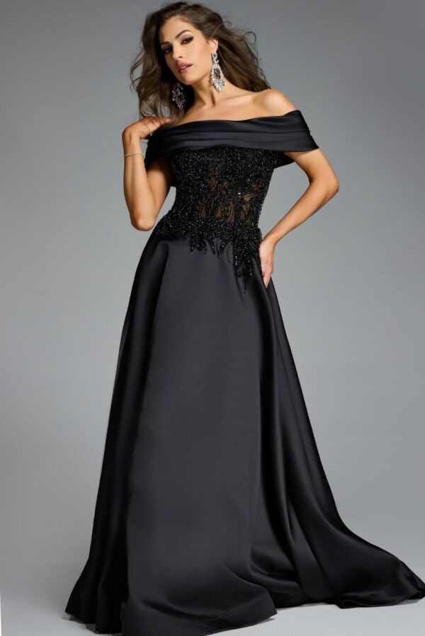 Off-the-Shoulder A-Line Gown with Sheer Beaded Bodice 41198