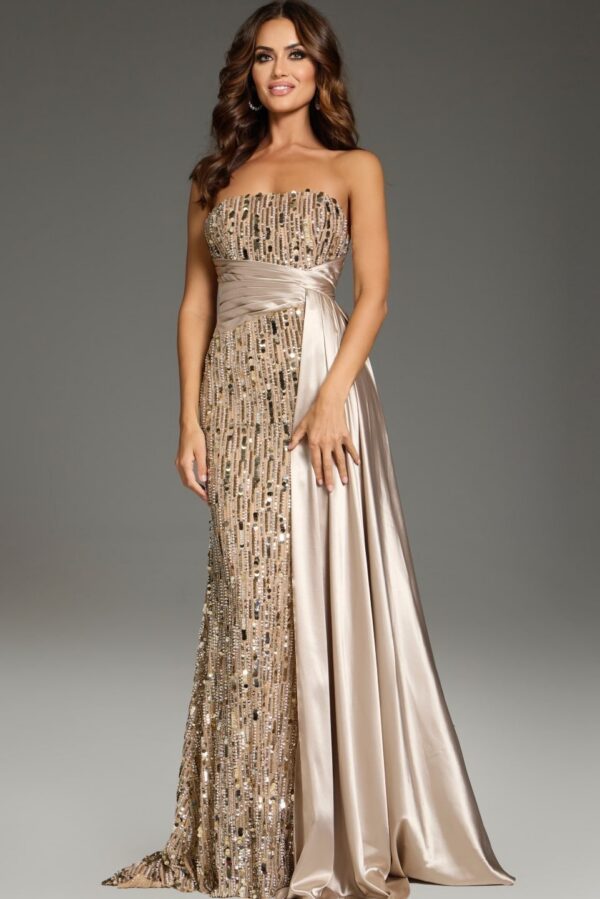 Beaded Strapless Gown with Satin Sash Overlay 42427