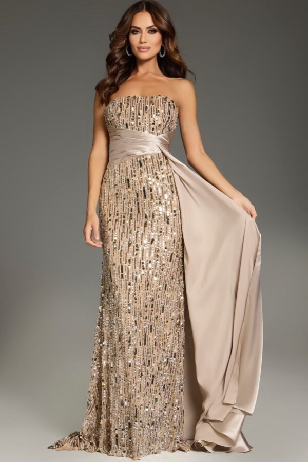 Beaded Strapless Gown with Satin Sash Overlay 42427