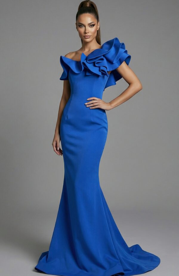 One Shoulder Gown With Sculpted Ruffle Detail 43000