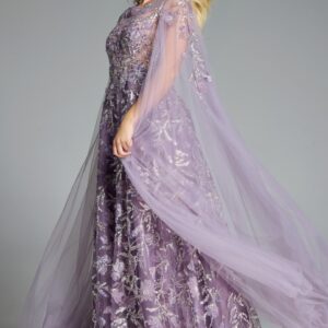 43312_PURPLE_004.jpg Elegant A-Line Gown with Floral Embroidery and Cape Sleeves 43312