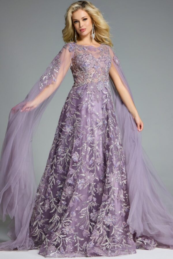 43312_PURPLE_005.jpg Elegant A-Line Gown with Floral Embroidery and Cape Sleeves 43312