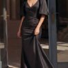 43818A_front-1.jpg Black Satin V Neck Puff Sleeve Mermaid Gown 43818