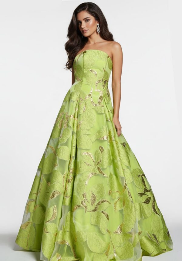 Strapless A-Line Gown with Textured Floral Motif 44369